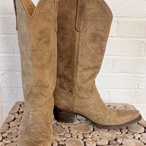 Lane Tan Suede Western Boots Heart Stitch Square Toe Size 9